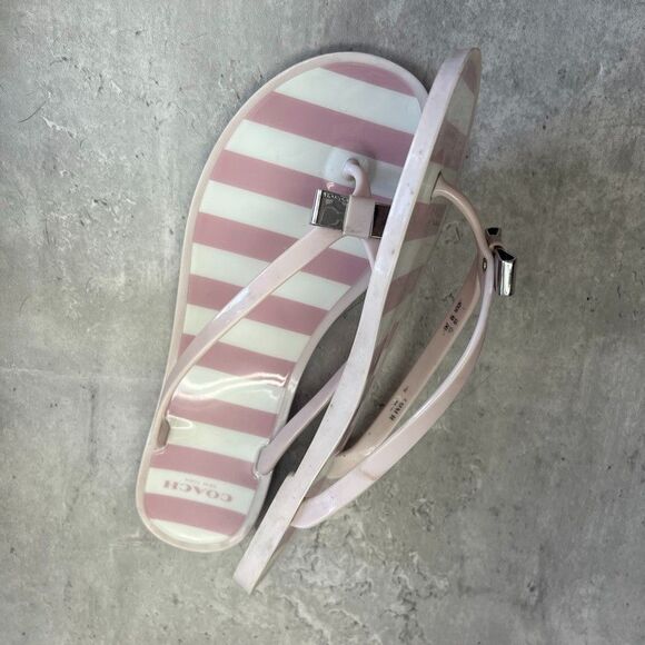 Coach Landon Pink White Stripe Jelly Bow Thong Flip Flop Sandals Women Size 8B - Picture 4 of 10
